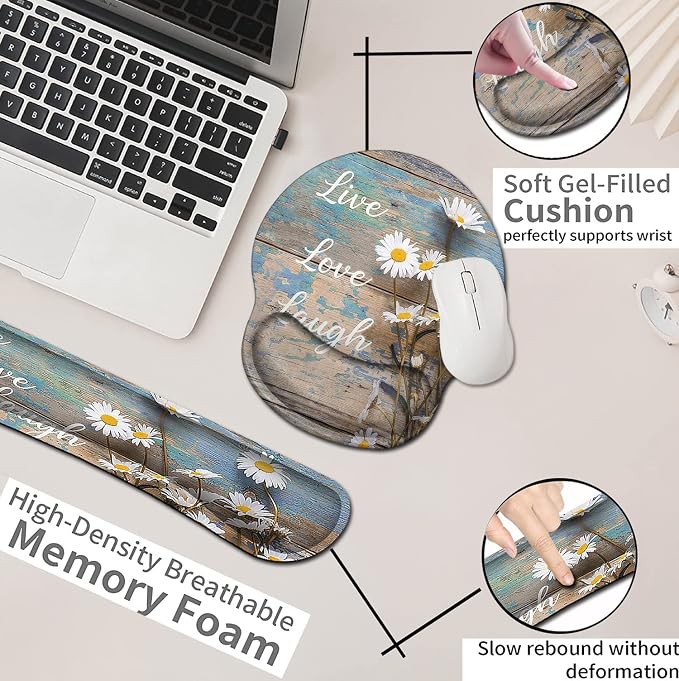 Mouse Pad for Women, Ergonomic Gel Mouse Pad, Keyboard Wrist Rest Relieves Fatigue, White Daisy Flowers on Wooden, Non-Slip and Durable, Memory Foam Keyboard Wrist Rest, for Office Typing