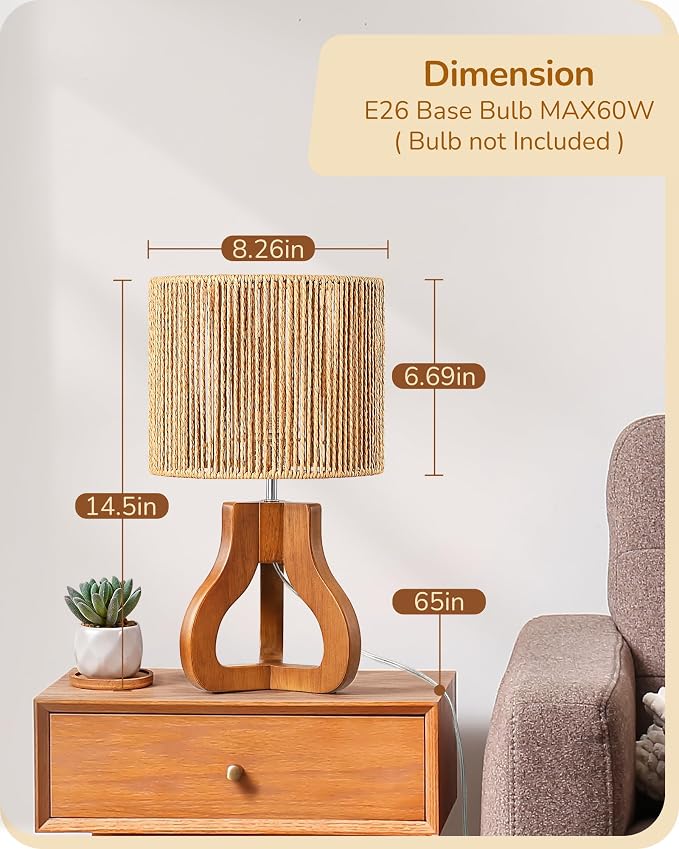 EDISHINE Small Table Lamp, Rose Wood Base, Handwoven Paper Rope Shade, E26 | Tripod Base Nightstand Lamp, On-Off Line Switch, 14.6" Rattan Bedside Lamp for Bedroom Living Room, Office