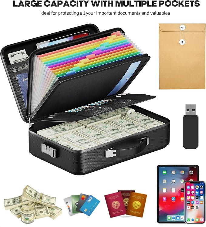 Fireproof Document Box, Hard Case Highly Flame-Resistant Fire Proof Waterproof File Organizer with Lock, Portable Fire Safe for Important Documents & Valuables Storage (Black, ‎16"*12"*5")