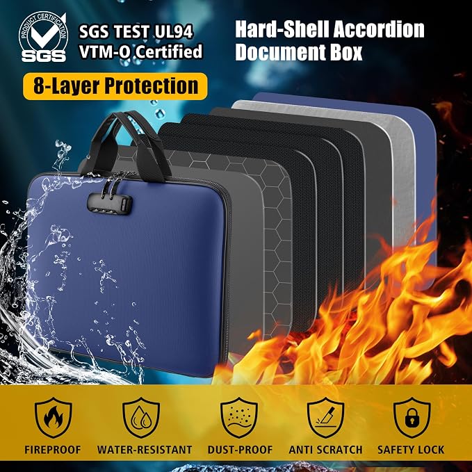 facka Fireproof Document Box with Lock, Hard-Shell Safe File Organizer | 13-Pocket Accordion Folder for Important & Legal Documents, Laptop, Passport, Cards & Valuables, Home Office Travel Blue