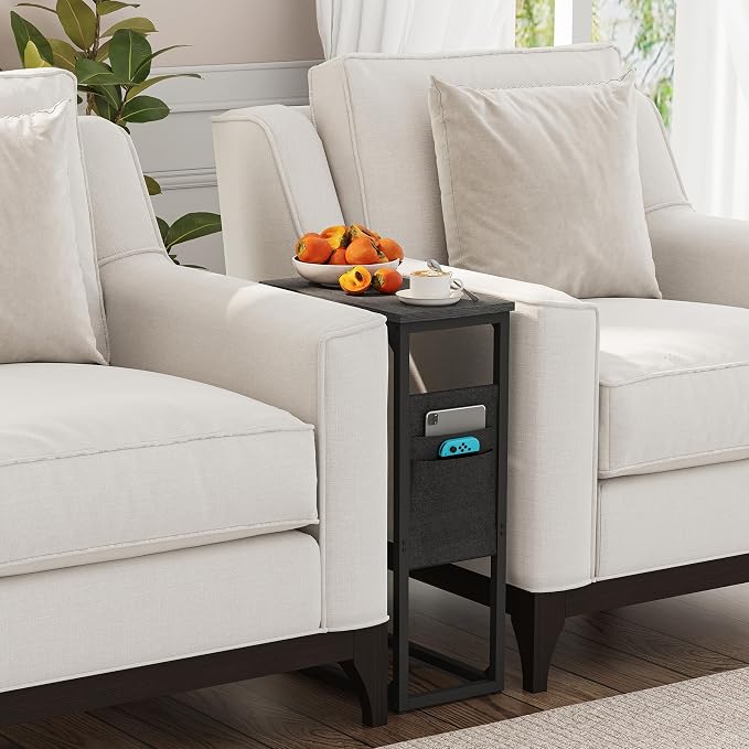 TUTOTAK C Shaped End Table, Side Table for Couch, Sofa Table | with Storage Bag, Set of 2, TV Tray for Living Room, Bedroom, Black TB01BK0822