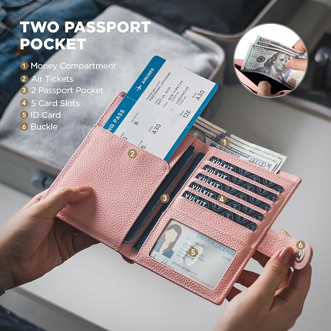 VULKIT Dual Passport Wallet for 2 Passports Airtag Holder RFID Blocking Travel Wallets