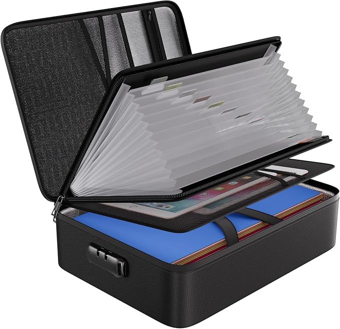 ENGPOW Fireproof Document Organizer Bag with Lock ＆ Accordion File Folder | 5200℉ Multi-Layer File Organizer Box with Lock ,Heat Insulated, Water Resistant, Safe Storage for Home Office Travel, Black