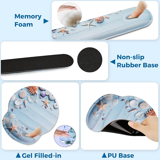 Mouse Pad and Keyboard Wrist Rest Support,Ergonomic Mouse Pad Set | Mousepad With Coaster and Non-Slip PU Base,Pain Relief for Desk Desktop Gaming, Computer,Office -Beach