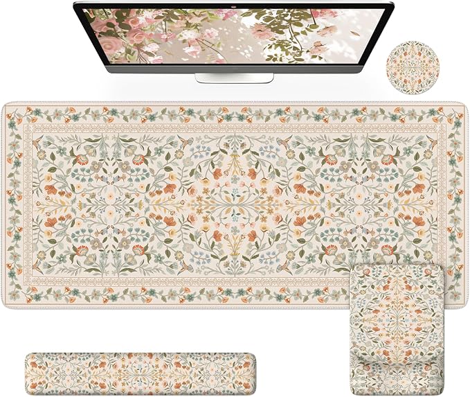iCasso Mouse Pad with Wrist Rest,Ergonomic Large Desk Mat Set, Beige | Keyboard Pad with Wrist Support, Non-Slip Mouse Mat for Women, Cute Floral Computer Mat for Home Office Gaming
