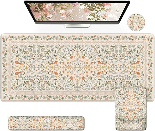 iCasso Mouse Pad with Wrist Rest,Ergonomic Large Desk Mat Set, Beige | Keyboard Pad with Wrist Support, Non-Slip Mouse Mat for Women, Cute Floral Computer Mat for Home Office Gaming