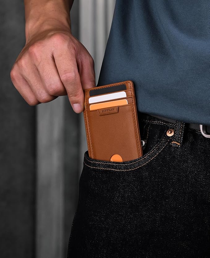 Buffway Slim Wallet for Men Women Minimalist Small Leather Front Pocket Wallets with RFID Blocking and Gifts Box - Bassa Brown