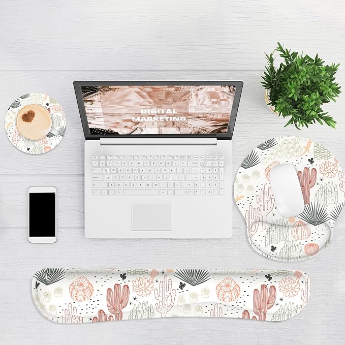 Ergonomic Mouse Pad with Wrist Rest and Keyboard Wrist Rest, Mousepad | Memory Foam Wrist Rest for Computer Keyboard, Pain Relief, Non-Slip Rubber Base, Mouse Pad Wrist Support for Gaming, Cactus