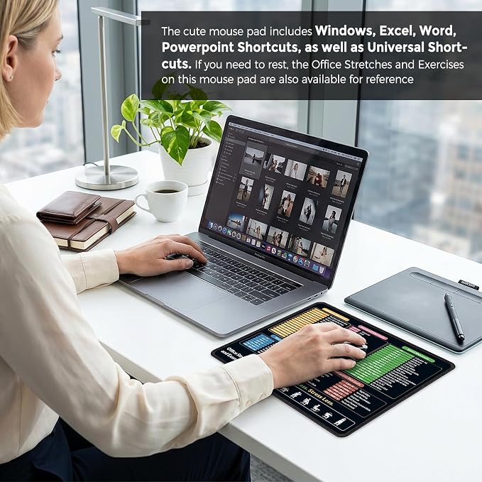 KONVINIT Ergonomic Mouse Pad with Wrist Rest, Small Excel Cheat Sheet Desk Pad with Windows & Office & Excel Shortcuts, Non-Slip Rubber Base Mouse Pads for Desk with Smooth Surface, Black