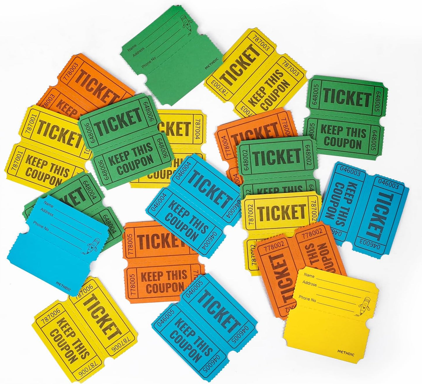 2000 Methdic Orange Raffle Tickets (4 Color Selection), Double Roll, Ticket for Events, Entry, Class Reward, Fundraiser & Prizes