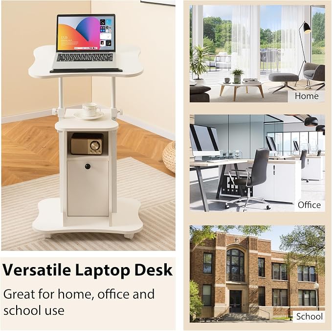 Tangkula Mobile Laptop Podium, Height Adjustable Sit to Stand Desk with Tilting Desktop & Storage Cabinet, Ergonomic Rolling Lectern Cart Laptop Desk, Office Podium Stand on Wheels