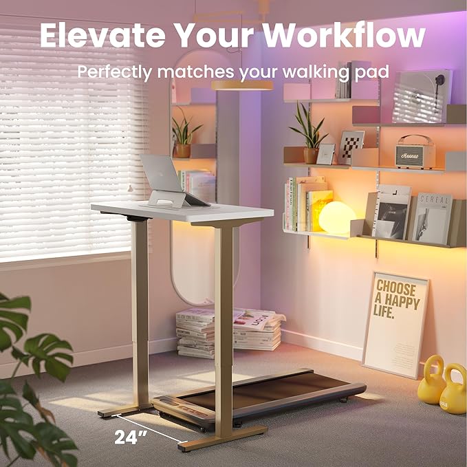 HUANUO 32" Small Electric Standing Desk Adjustable Height, 4 Memory Height Settings, Sit Stand Up Desk for Home Office & Computer Workstation, White and Gold Frame