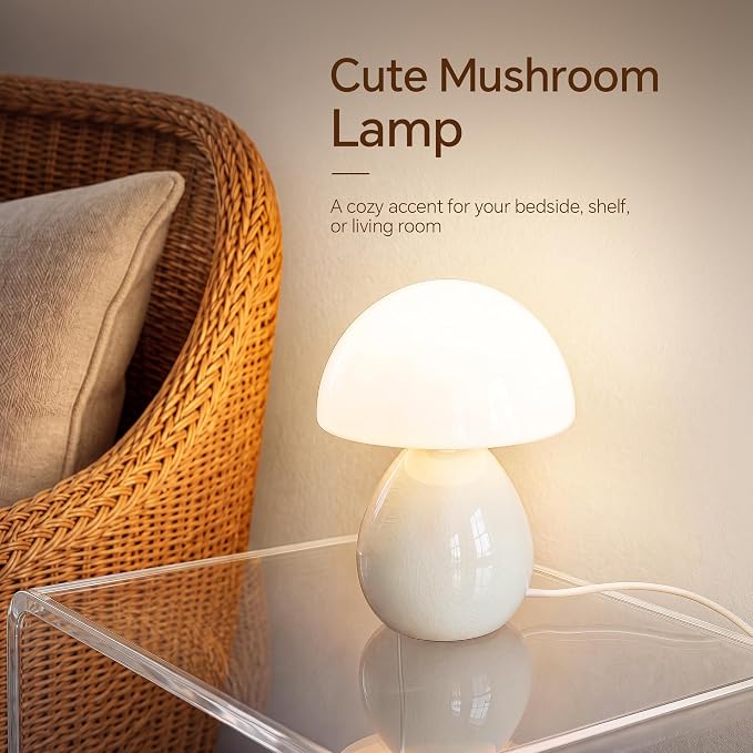 Mushroom Lamp Table Lamp for Bedroom-Small Desk Table Lamps,Cream | Ice Crackle 8.7" Mid Century Modern Table Lamps for Living Room Bedroom Decor,Ceramic Lamps for Home Room Decor,Glass Shade