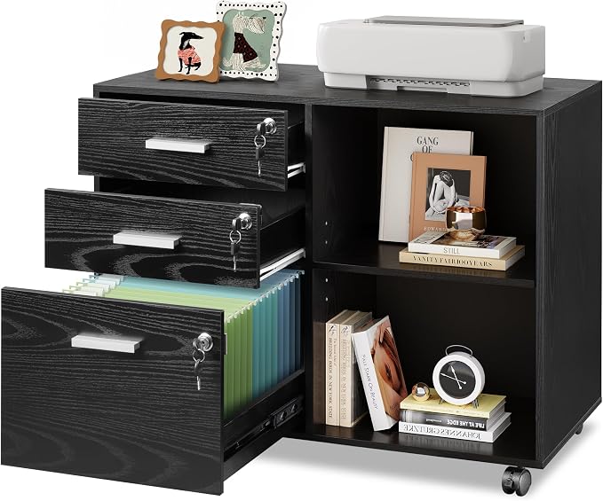 DEVAISE 3-Drawer File Cabinet with Lock, Mobile Wood Filing Cabinet, Black | Rolling Printer Stand, Office Cabinet, Open Storage Shelves, Letter & A4 Compatible, Home Office, Under Desk Storage