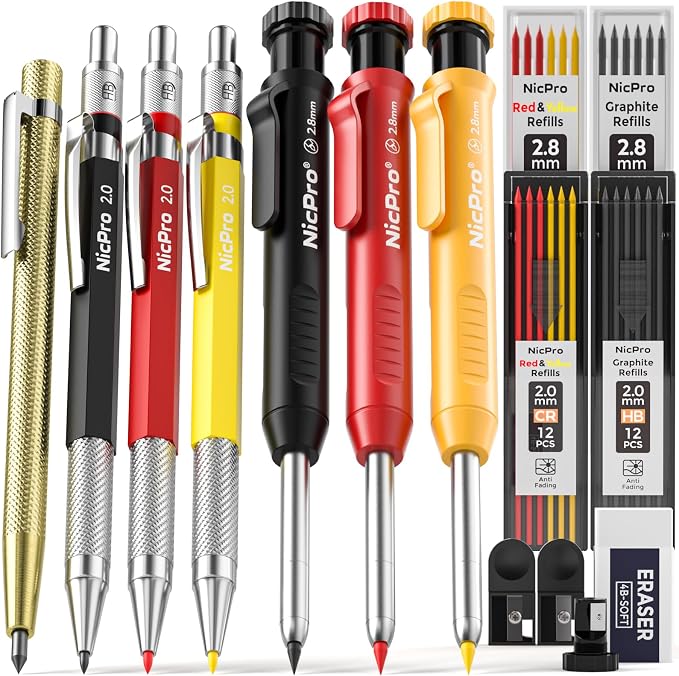 Nicpro 16 Pack Mechanical Carpenter Pencil Set with 42 Refill & Scribe Tool | Heavy Duty Construction Pencils, Comfortable Grip Woodworking Pencils for Architect Marking
