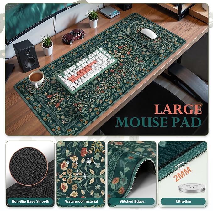iCasso Mouse Pad with Wrist Rest,Ergonomic Large Desk Mat Set, Deep Green | Keyboard Pad with Wrist Support, Non-Slip Mouse Mat for Women, Cute Floral Computer Mat for Home Office Gaming