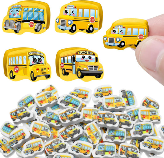 PerKoop 60 Pcs Mini Erasers for Kids Cute School Bus Erasers Bulk Welcome Back to School Gifts for Students Classroom Rewards Prizes Party Favors
