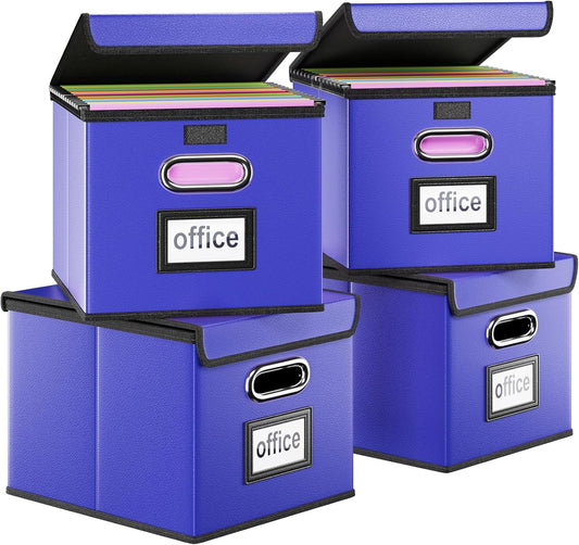 Huolewa Decorative Leather File Organizer Storage Boxes with Lids Set of 4, Document Boxes Organizer, Filing Boxes, Decorative Small File Boxes for Hanging Files, File Cabinet for Office/Home - 4 Pack