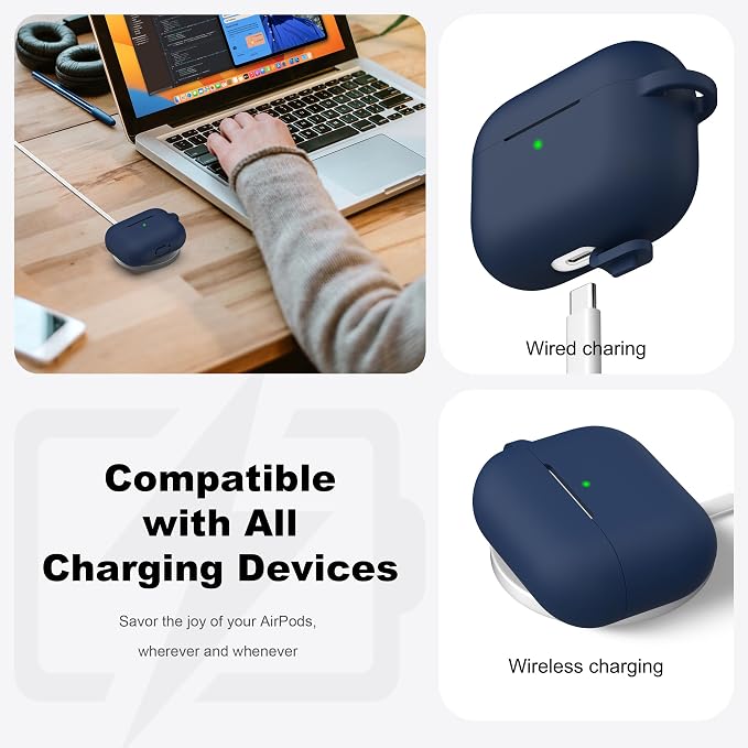 for AirPods Pro 2 Case, Soft Silicone Protective Cover with Keychain and Cleaning Pen, Compatible with AirPods Pro 2nd/1st Generation, Supports Wireless Charging, Midnight Blue