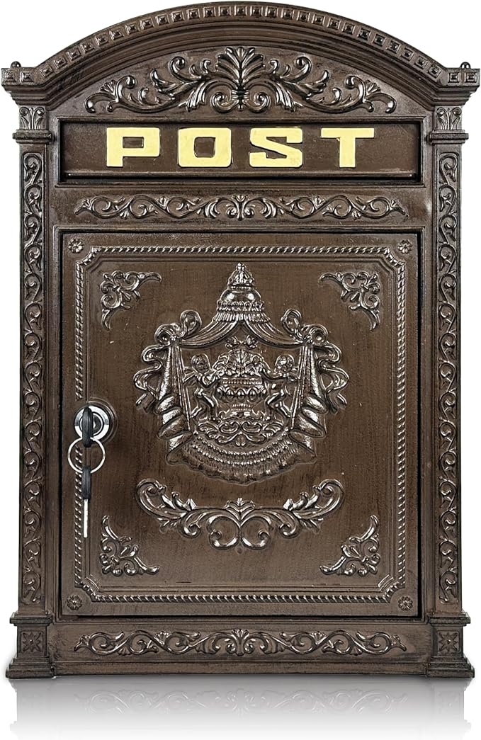 Vintage Lockable Mailbox, Heavy Duty Cast Aluminum Wall Mount Mailbox, Weatherproof Decorative Mail Box for Outside, Bronze Finish, Large Capacity