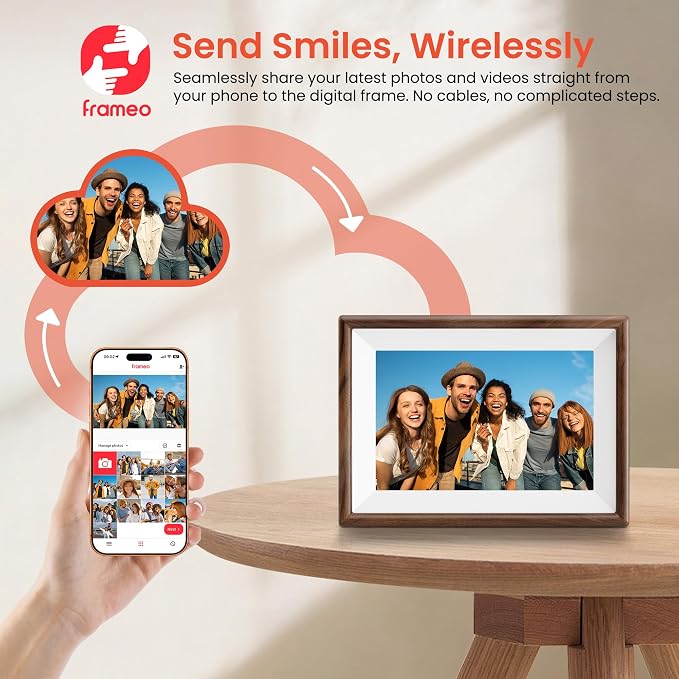Frameo 10.1" Smart Digital Picture Frame with Walnut Moulding, 16:9 1280p HD IPS Touchscreen Display, 32GB Storage, MicroSD Slot, Plug-in Power, Easy Wireless Photo & Video Sharing, Idea