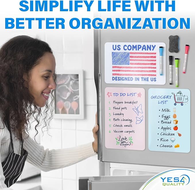 12x8” Magnetic Dry Erase Whiteboards Set for Fridge w/ 4 Markers & Eraser | Yes4Quality, 3 Multicolor White Board Sheets, Stain-Resistant, Sticks to Most Refrigerators, Colorful Markers, Magnet Eraser