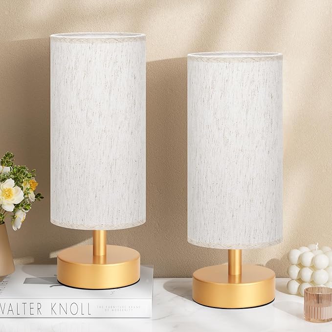 Table Lamps Set of 2 （Cream Shade- Gold Base, 11.6" Inline Control） | Bulb not Included | Small Lamps for Bedroom | Desk Lamp for Reading | for Living Room | for Dorm | Linen Fabric Shade