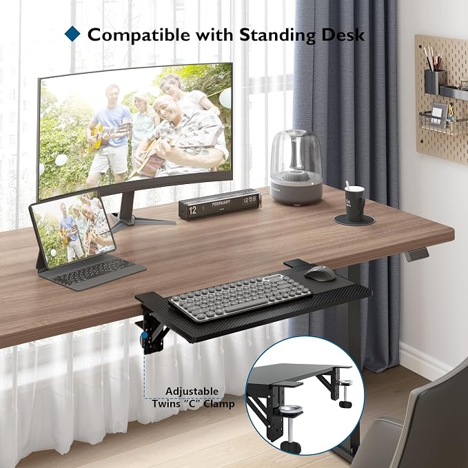 BONTEC Small Ergonomics Desk Extender Tray, 20 x 9.5 Inch, Black Carbon | 90° Foldable Keyboard Tray Platform, Table Mount Arm Rest Shelf, Clamp on Computer Arm Rest, Suitable for Office Use