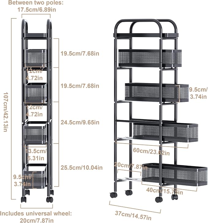 UMDONX 5-Tier Narrow Mobile Storage Cart with Pull-Out Baskets | The Multifunctional Pull-out Storage Rack Is Suitable for Bathrooms, Kitchens, and Laundry Rooms