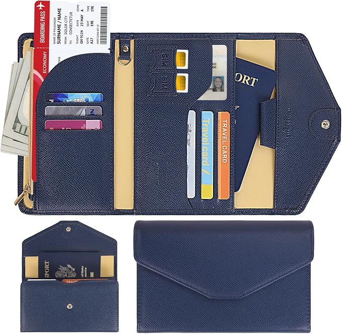 Passport Holder Travel Wallet Organizer for Women,Navy Blue | RFID secure, 6 card slots, 42 sim pockets, passport holder with zip-around wallet, slim fit for women travelers.