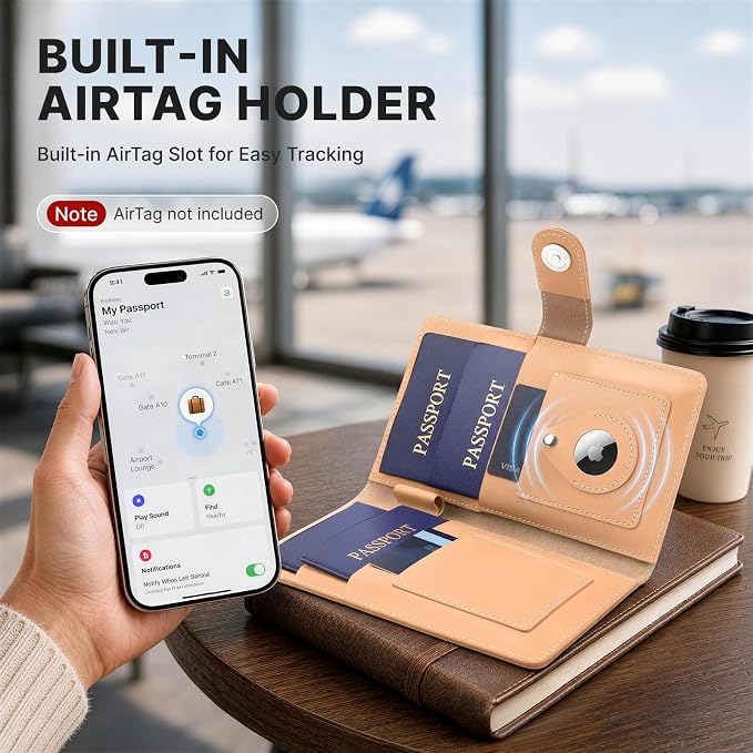 ALLIVE RFID Blocking Passport Wallet with AirTag Slot, Genuine Leather Passport Holder for Family Travel of 4, Travel Essentials & Gift, Airport Must-Have (Beige)