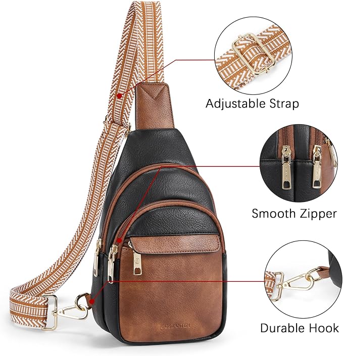 BOSTANTEN Sling Bag for Women Leather Crossbody Bags Fanny Pack Chest Bag for Travel | Adjustable Wide Strap, Small, Anti Theft, Lightweight, Multi Pockets and Carrying Way, Card Slot, Cute Trendy for Everyday
