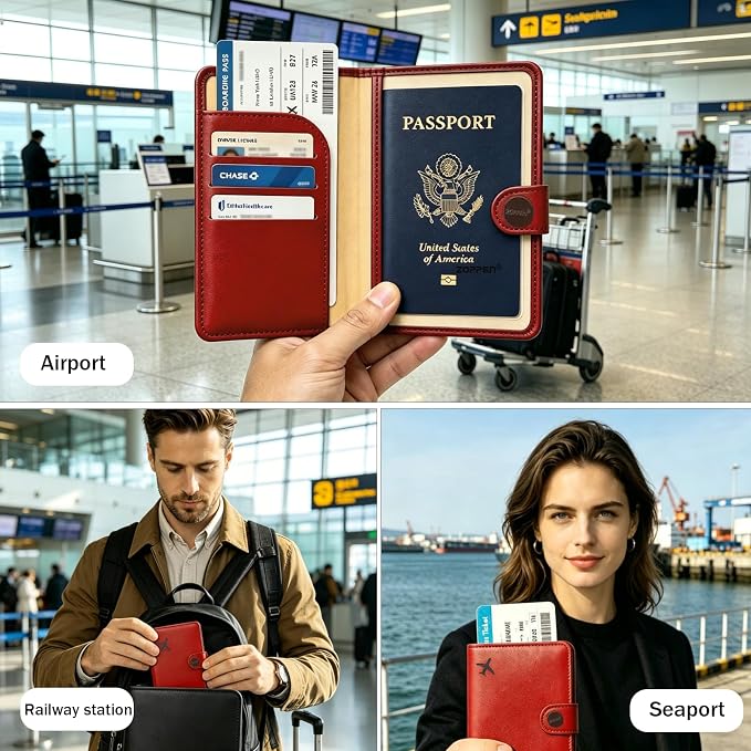Passport Holder RFID Blocking Travel Wallet, Scarlet Red | Passport Cover with Multiple Card Slots, Water-Resistant & Easy-Carry, Must-Have Travel Accessory for Men & Women.