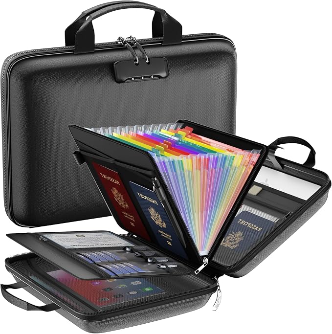 Tamfile Fireproof File Organizer with Lock,Hard Case Fireproof Document Box | 13 Colour Pockets Accordion File Folder, Office Home Important Document Organizer for Letter A4 Files Laptop Passports,Black