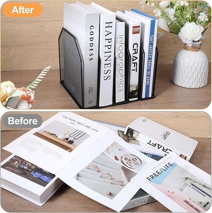 mekueeex 2 Pcs Vertical File Organizer for Desk - Metal Mesh Holder with 5 Compartments, File Folder Rack & Document Storage Stand - 9.3" x 8.5" x 7.9"