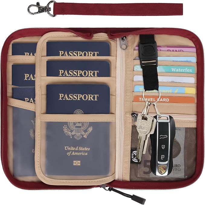 Passport Holder Family RFID Passport Wallet, Passport Holder Women/Men, Travel Wallet Documents Organizer Zipper Case with Removable Wristlet Strap, Travel Essentials for Flying