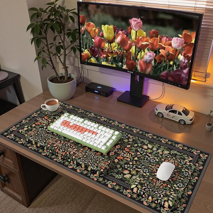 iCasso Mouse Pad with Wrist Rest,Ergonomic Large Desk Mat Set, Black | Keyboard Pad with Wrist Support, Non-Slip Mouse Mat for Women, Cute Floral Computer Mat for Home Office Gaming