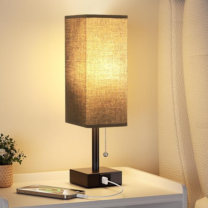 Black Small Table Lamp for Bedroom - 3 Color Temperature 3000K 5000K 4000K Bedside Lamp, Pull Chain Control, USB A and C Charging Ports, Black Base, for Kids Office Dorm Nightstand, Bulb Included | Pull Chain Lamp, 3 Color Modes(3000K/4000K/5000K), E26...