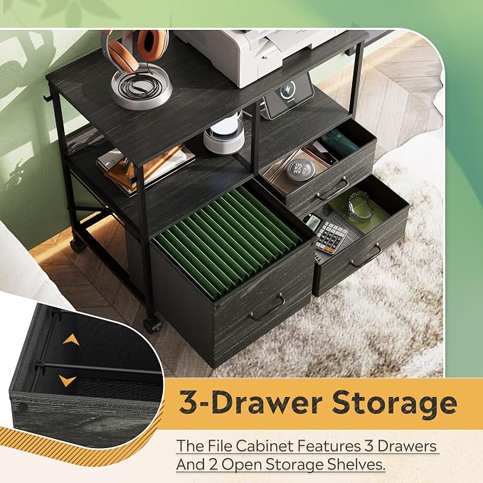 DEVAISE 3 Drawer Mobile File Cabinet with Storage Shelf, Charging Station | Fabric Lateral Filing Cabinet fits A4 or Letter Size, Adjustable Shelf for Home Office, Charcoal Black Wood Grain Print