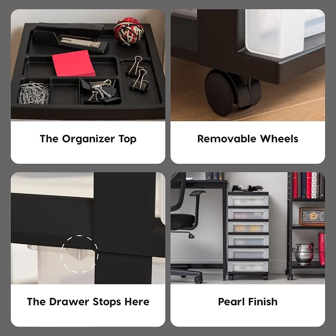 IRIS USA 6-Drawer Rolling Storage Cart with Organizer Top, Black/Pearl | Keep classroom supplies, teacher essentials, craft materials, and learning tools organized with easy-access drawers.