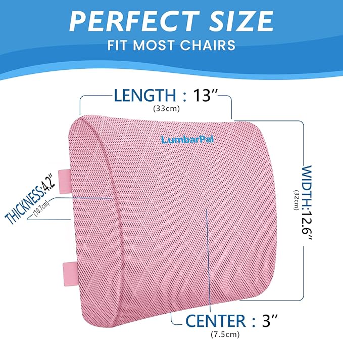 Lumbar Support Pillow for Office Chair, Back Support, Memory Foam, Pink | Improve Sitting Posture & Back Pain Relief. Lumbar Pillow Fits Office, Gaming & Car Chairs with Adjustable Dual Straps