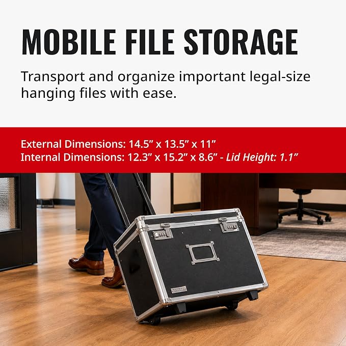 Vaultz Locking Mobile Business Case, Legal Size, Black, 14.5 x 13.5 In | Key lock securely closes case for documents on the go, legal-size interior fits letter and legal paperwork, durable case