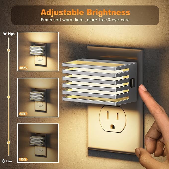 JandCase LED Night Light, Silver Night Lights Plug into Wall with Dusk to Dawn Sensor, Dimmable Plug in Night Light [2 Pack], Adjustable Brightness, 3000K Soft White Nightlight for Bedroom Bathroom