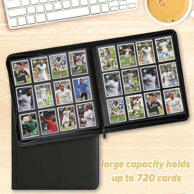 12 Pocket Ringless Side Loading Trading Card Binder, 720 Cards PU Fixed Page Zipper Card Album for TCG Sports Game Cards, Not Fit Top Loaders (Black)