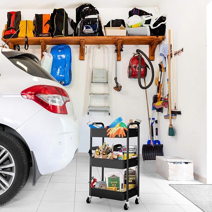 3-Tier Rolling Metal Storage Organizer - Mobile Utility Cart, Kitchen Cart with Caster Wheels (Black)