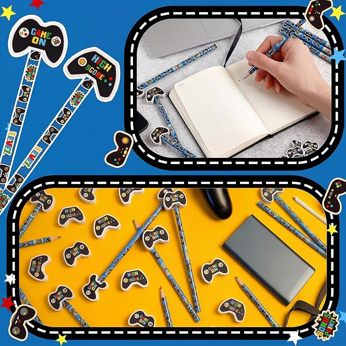 32 Pcs Video Game Themed Pencil with Eraser Video Game Party Favors Gaming Controller Stationery Supplies for School Classroom Exchange Gift Reward Prizes Adventure Vbs Party Supplies