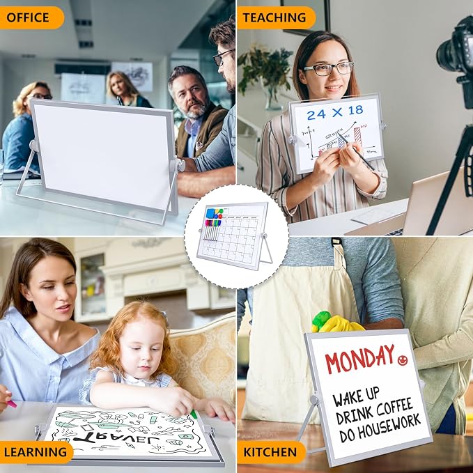 Dry Erase White Board,16X12IN Magnetic Desktop Whiteboard Calendar | Whiteboard 8 Markers, 4 Magnets, 1 Eraser, Portable Double-Sided White Board Easel for Kids Memo to Do List Desk