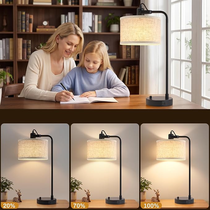 Black Table Lamp Set of 2 with USB A and C Ports, 180° Adjustable Stepless Dimming Bedside Lamps for Night Stands, E26 LED Bulb Included, Industrial Desk Lamps for Home Office, Bare Bulb Compatible