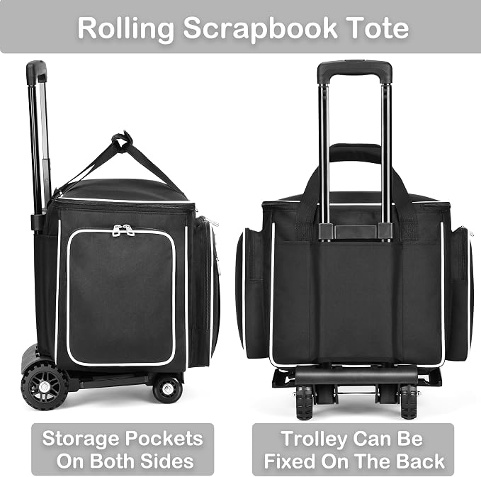 CAB55 Rolling Craft Bag, Tote Bag with Wheels for Women, Rolling Teacher Bag with Removable Folding Hand Truck (Black)