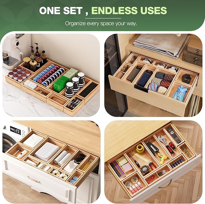 9-Pack Solid Wood Drawer Organizer, Modular Junk Drawer Organizer with Non-Slip Pad, Multi-Use Storage for Kitchen Office Bedroom Dresser for Utensil Stationery Makeup Stationery Tea & Coffee Pod